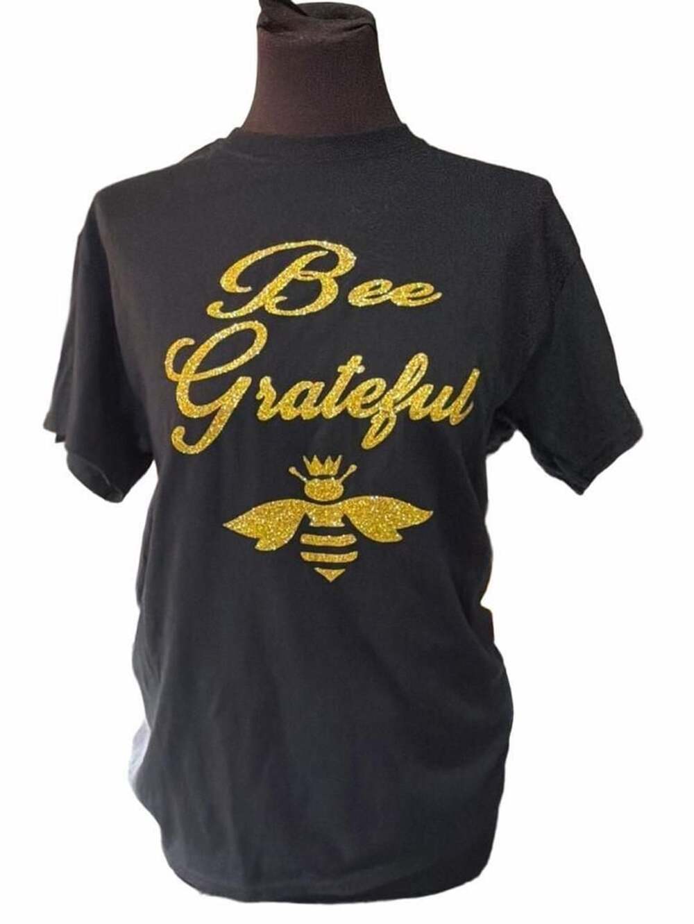 Gildan Bee Grateful T-Shirt Size M Black Gold Glitter Graphic